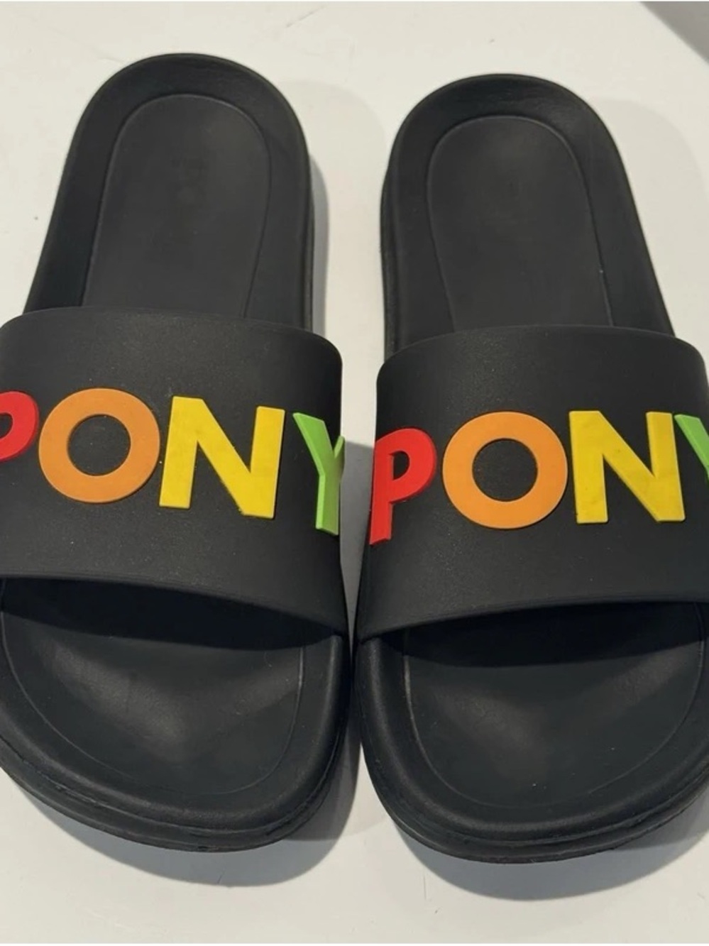Pony Black Slides with Rainbow PONY Logo